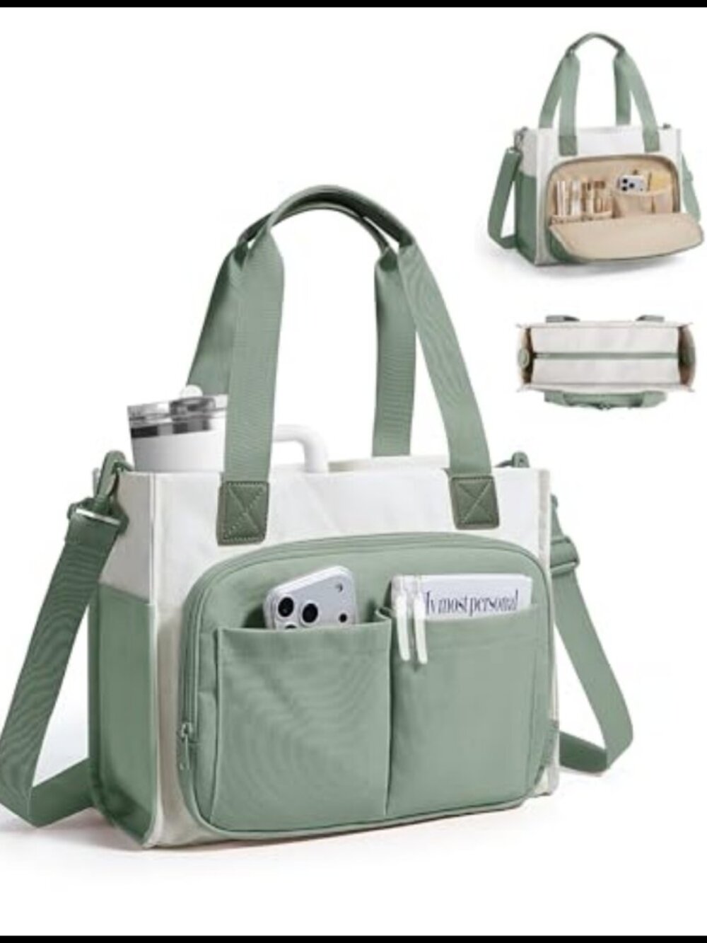 Small Work Tote Bag Women Canvas Zipper Top 17 Pockets Laptop